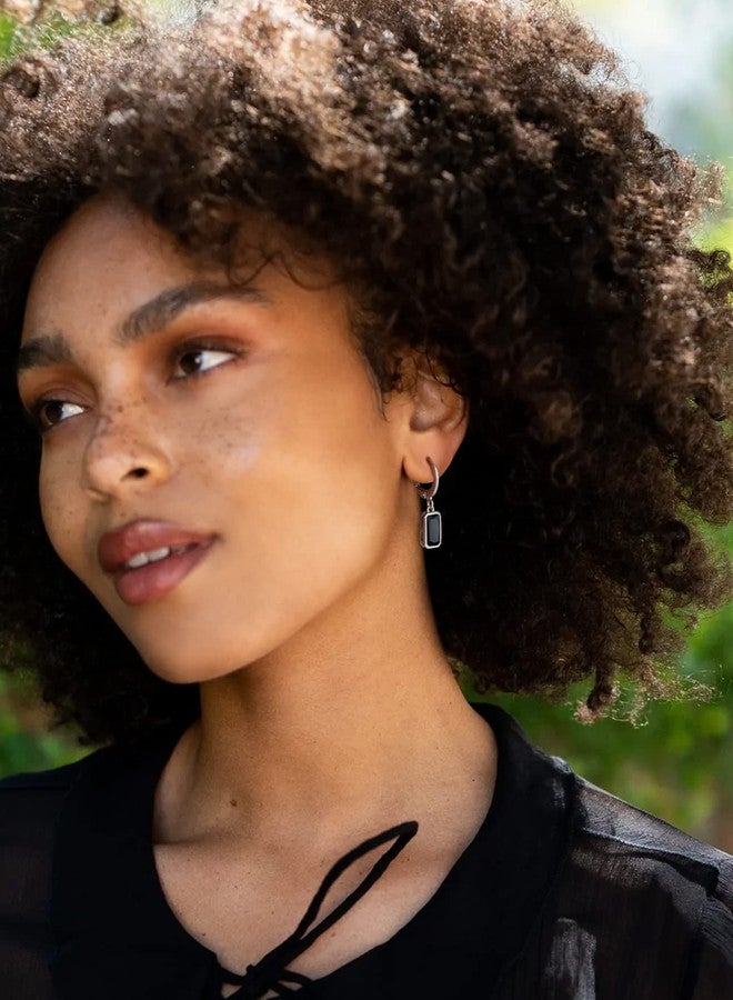 Bestyle Dainty Black Onxy Drop Earrings for Women - Rectangular Birthstone Dangle Earring with Hypoallergenic Silver Huggie Hoops - Trendy Black Baguette Dangle Hoop Earrings - Image 2